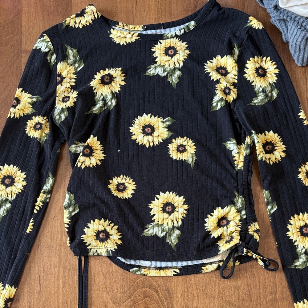 Floral Sunflower Black Long Sleeve Top